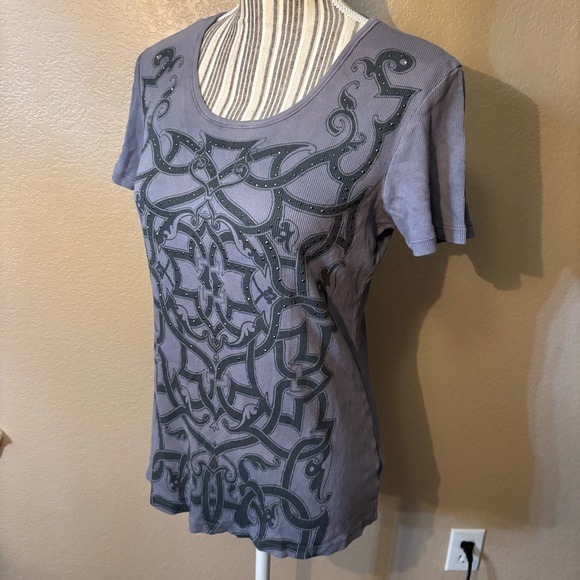 Skinny Minnie Top Large Charcoal Patterned Short-Sleeve Ribbed 100% Cotton Beads - Picture 7 of 14